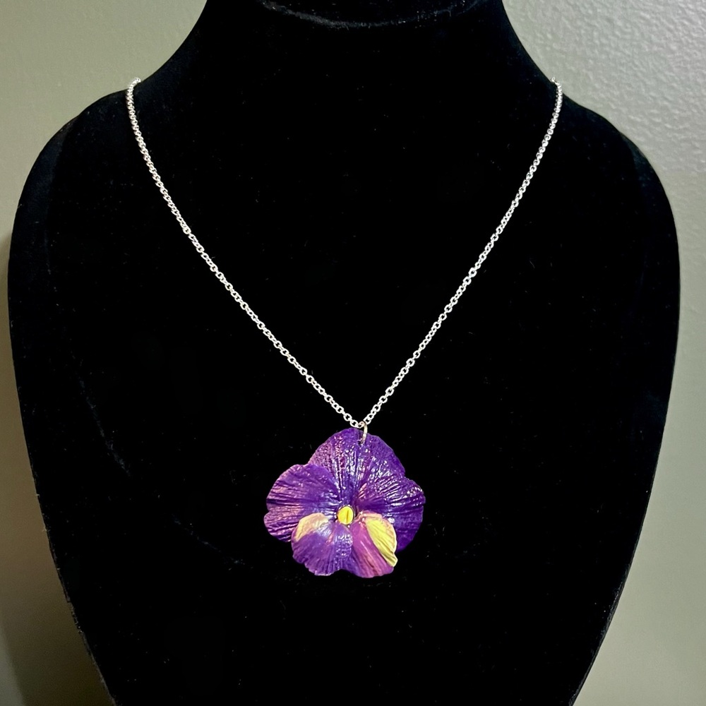 Realistic Purple Pansy Clay Pendant Necklace